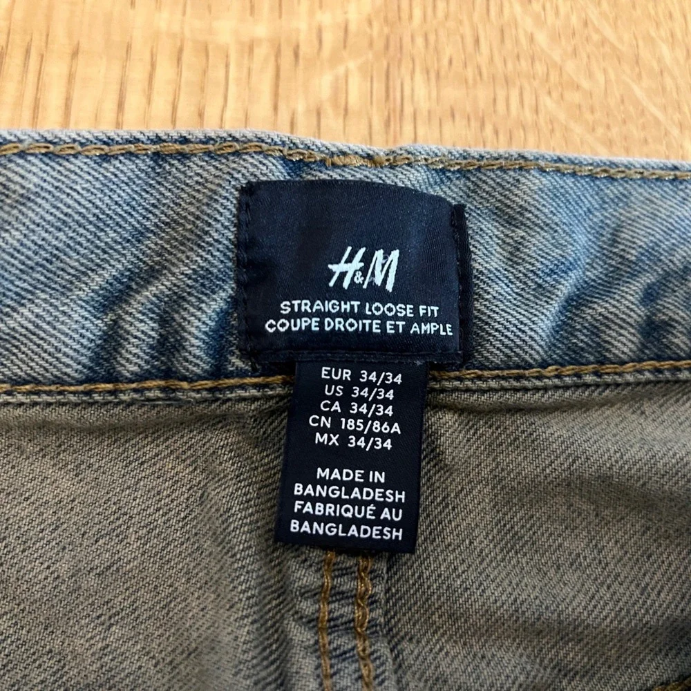 H&M Mens 34x34 Green Acid Wash Loose Straight Jeans Button Fly 100% Cotton